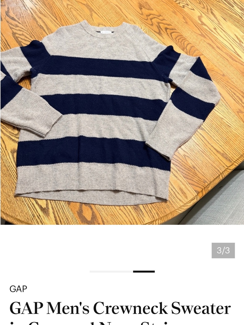 GAP Men’s Crewneck Sweater in Navy and Light Gray Wide Stripes